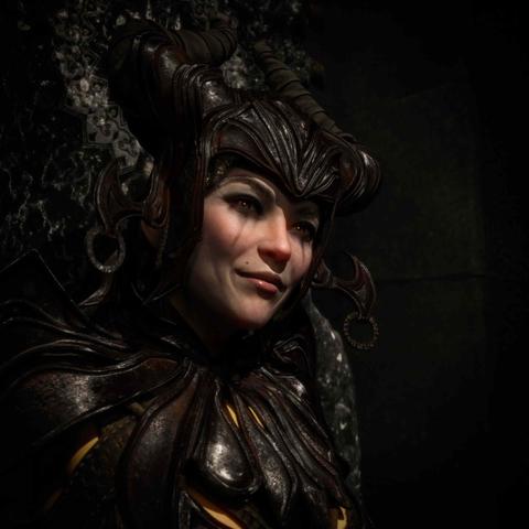 Description partially by ChatGPT.

The image depicts a female wearing dark, glossy armor that is adorned with intricate designs and patterns. The armor has hints of golden or yellowish accents on parts of it, which adds to its elegance. The figure’s face is a middle aged female. The background is dark and textured, which complements the armor’s aesthetic and adds to the mysterious ambiance of the image.