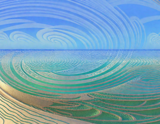 Abstract seascape with patterned sky and concentric teal-green ocean designs meeting a sandy shore.