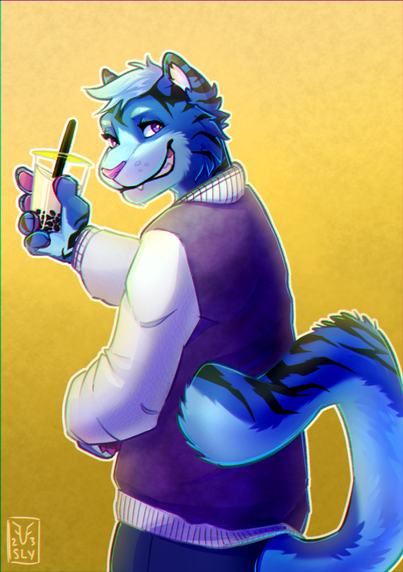 A blue tiger anthro stands with their back to the viewer. They are smirking over their left shoulder while holding up a clear cup filled with boba milk tea as if beckoning you to join them.