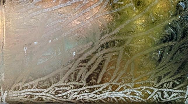 Eisblumendetail, was wirklich wie Eisblumenwurzelwerk erscheint, aus dem ein Dickicht von Eiszweigen entspringt.