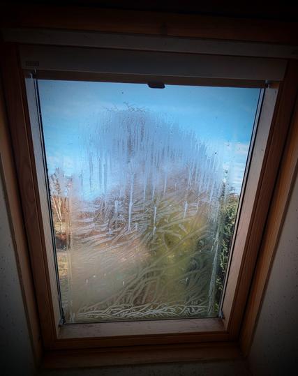 Das Eisblumenfenster, dem das Detail des vorherigen Bildes entnommen wurde, in Ganzen. Hinter den Eisblumen sind Bäume, Wiese und ein strahlend blauer Morgenhimmel zu erkennen.