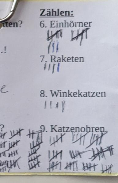 Zählaufgaben nach gesehenen Katzenohren (mit großem Abstand - weit - vorn, die Zählung geht auf der linken Seite weiter), Einhörner, Raketen, Winkekatzen....

Die Zählung der Katzenohren geht auch auf der linken Seite weiter und bei den Katzenohren sind auch 50-er Striche dabei. Sie haben beide jeweils 450 bzw. 460 Katzenohren gezählt. Dupletten freilich nicht ausgeschlossen.