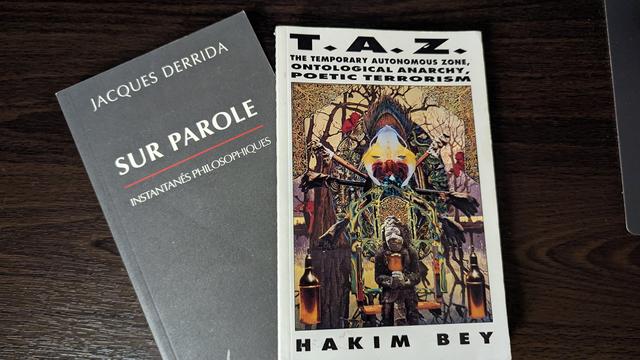 Two books.
"Sur paroles" by Jacques Derrida and "T.A.Z. Temporary Autonomous Zones" by Hakim Bey.