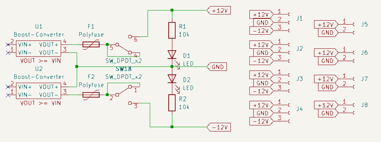 Schematics of my symmetric power supply. it's just a switch, fuses, and LEDs and two boost converters, done in KiCad