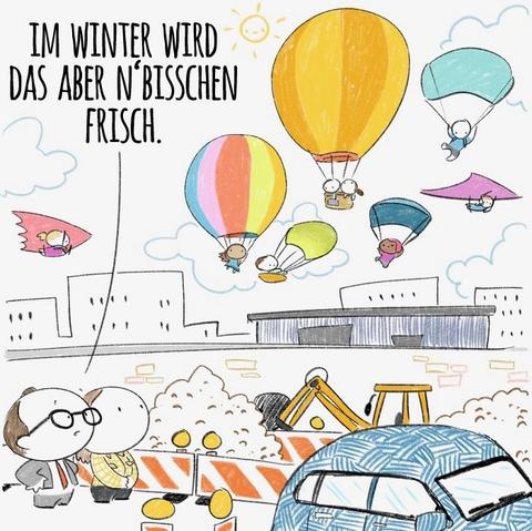 Panel 3: The BVG lady and the mayor at the construction site, watching people pass by overhead with hot air balloons, hang gliders and parachutes. The mayor says: that‘s gonna get nippy in winter.