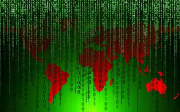 green world map with red continents with binary code