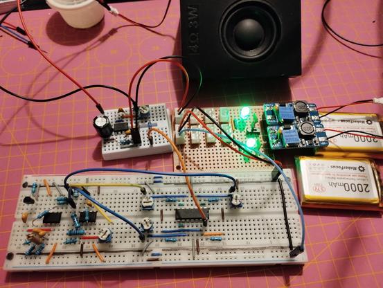 the new power supply board with two solderless breadboards connected using freshly crimped JST to DuPont wires. +12V and GND were put into 2 pin connectors, the -12V into a separate 1 pin connector