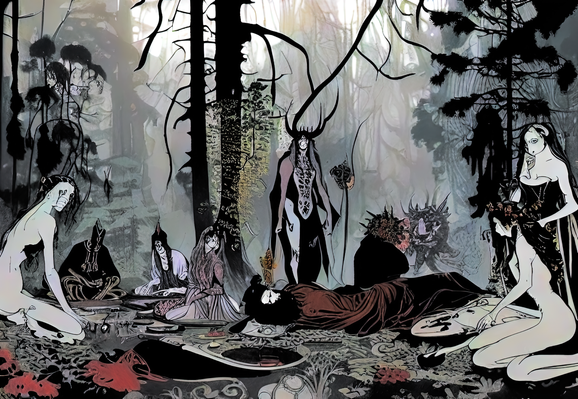an illustration of a number of humanoid individuals, including one standing with an impressive display of horns or antlers, having a clothing-optional picnic on the forest floor