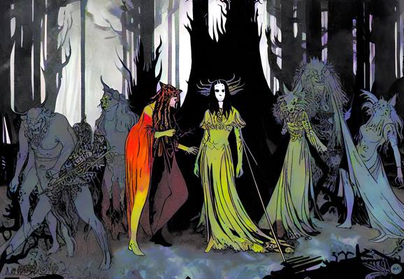 an illustration of a number of humanoid individuals--some more humanoid than others--cavorting in a darkened forest