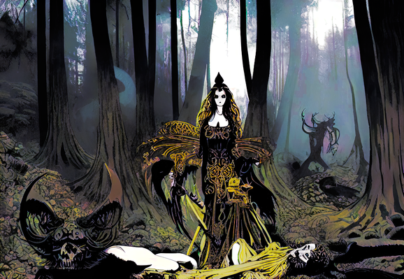 an illustration of a few humanoid individuals in a forest, one standing in a fancy dress and a couple of carelessly dressed (or undressed) individuals strewn on the forest floor