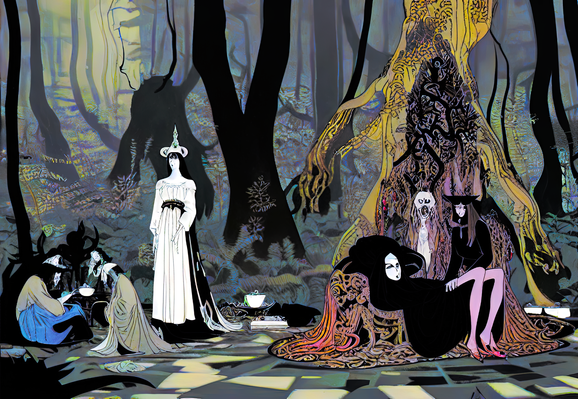 an illustration of a number of humanoid individuals gathered in a forest clearing in two clusters, one with a couple of cowering individuals, one with entities of a more relaxed attitude despite the embrace of an incendiary being