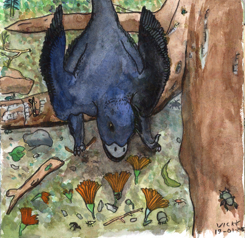 A watercolour painting depicting a Microraptor looking at flowers. It is a small four-winged theropod dinosaur. The view is tilted downward, observing the scene diagonally from above. The flowers are growing between a slightly charred tree's roots. They have orange petals arranged in two paired rows opposite each other. There are many little insects going about their insect business around.