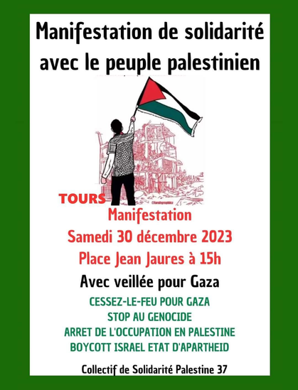 Visuel web du collectif appelant à la manif encadré d'un liseré vert avec sur fonds blanc Manifestation de solidarité avec le peuple palestinien samedi 30 décembre 15h Pl. J. Jaurès avec veillée pour Gaza.