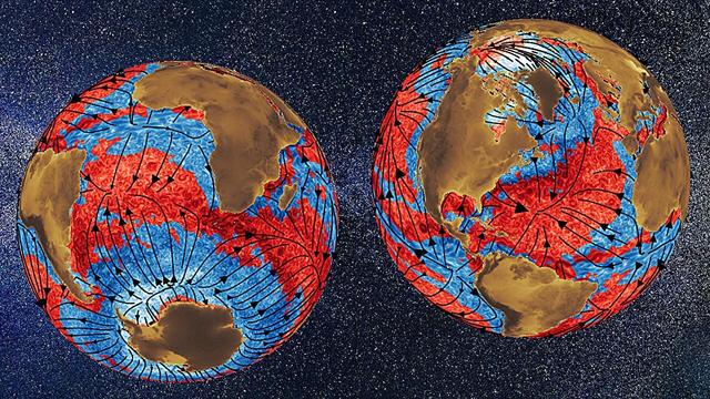 graphic - global - This illustration by Benjamin Storer shows oceanic weather systems (mesoscale eddies) from data overlaid with atmospherically driven climate-scale currents (black lines), which can be extracted with a coarse graining technique developed in the lab of Hussein Aluie. The image reveals how these ocean weather systems are energized (red) or weakened (blue) when interacting with climate-scales, which follows a pattern mirroring the global atmospheric circulation.