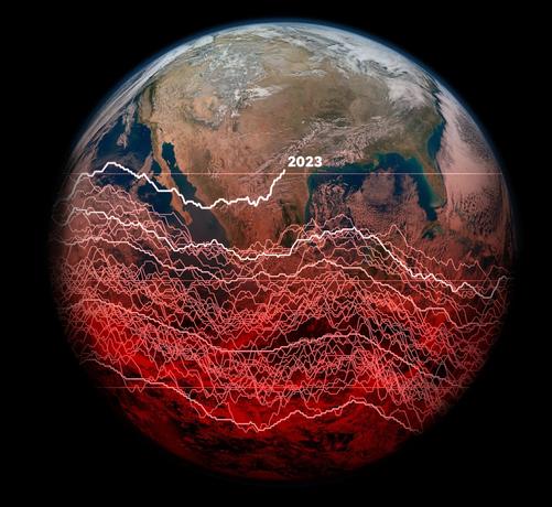 graphic - temperature range over globe image, with 2023's labelled