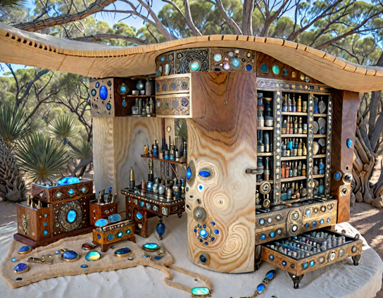 Fantastical traveling potion show with intricately crafted cabinets, beautiful potion bottles, and magical items, set up in a woody area at the edge of a beach.