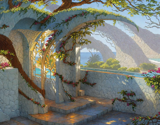 Balcony view on an exoplanet with stone arches, flowering vines, and a turquoise sea.