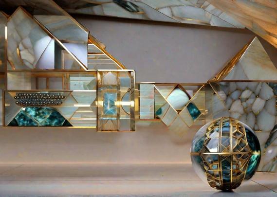 Futuristic space with geometric design, mirrored surfaces, and a spherical robot assistant of elegant and high tech design.