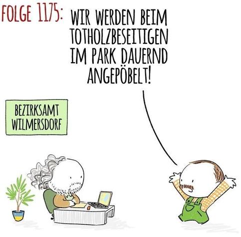 Panel 1: District mayor Oliver Schruoffeneger sitting at his desk at the district exchange Wilmersdorf, an irate gardener enters and shouts: we‘re getting abuse when we cut the deadwood off the trees in the park!