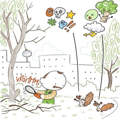 Panel 3: The gardener in the park working away with a chainsaw, two angry squirrels cursing elaborate pictograms at him.