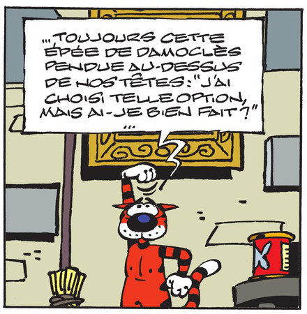 Le chat, Raoul, continue son monologue au lecteur.

" ... Toujours cette épée de Damoclès pendue au-dessus de nos têtes : " J'ai choisi telle option, mais ai-je bien fait ? " ...
