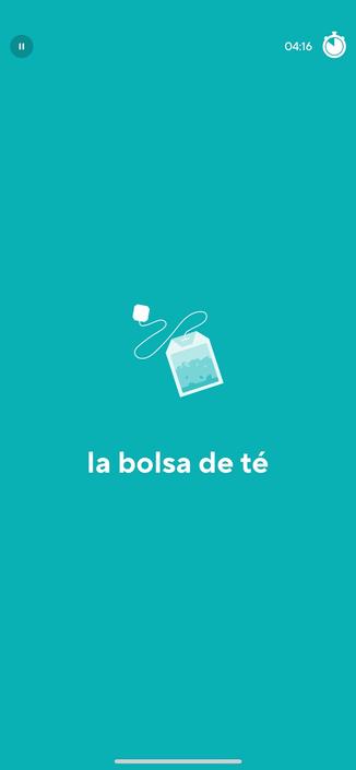 Screenshot from the Drops Spanish course showing a drawing of a teabag, and the caption “la bolsa de té”