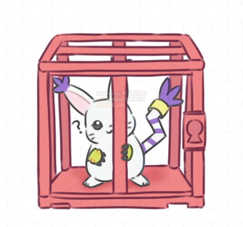 a confused yet calm tailmon/gatomon stuck inside a pink colored cage. the tailmon is based on an ongoing twitter trend where tailmon has the exact same build as original pikachu from pokemon - chonky with small hands and huge zigzag tail
