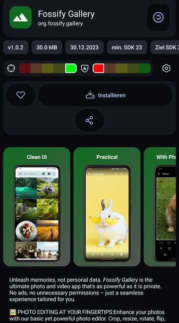 Screenshot of FossifyGallery, a fork of SimpleGallery (the same in green), taken from the NeoStore app with F-Drood.org data
