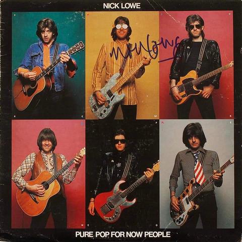 Image of the cover of Nick Lowe's "Pure Pop..." album cover, featuring six pictures of the musician in different iconic "rock star" costumes and playing different kinds of guitars. This was the U.S. version of the album.