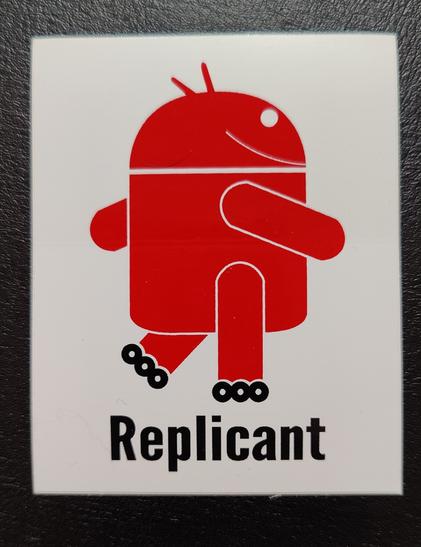 Sticker of Replicant - an Android distribution. a red Android on skates.