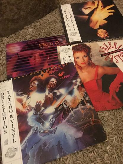 Four vinyl LPs: Terence Trent D’Arby’s Neither Fish Nor Flesh, Patti Austin’s Every Home Should Have One, Sheena Easton’s The Lover In Me, The Brothers Johnson’s Blam!!