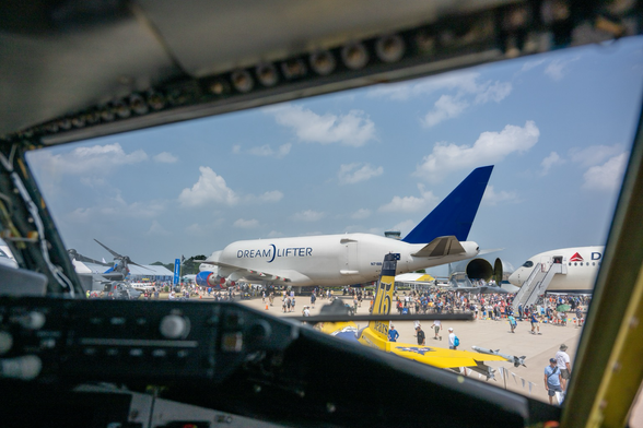 a Boeing Dreamlifter, the NASA SuperGuppy, and part of a DL A359…shot from the flight deck of a KC-135.