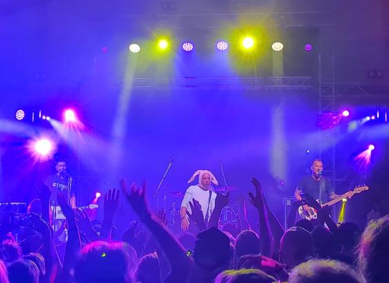 Regurgitator with their mad rabbit on keyboards, working the crowd in the Grande at Woodford.