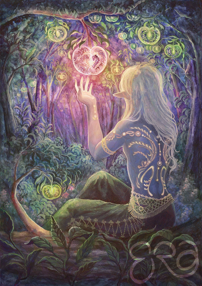 painting of an elf reaching out to glowing fruit in a forest
