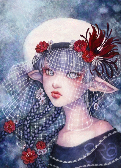 painting of elf with flowery hat