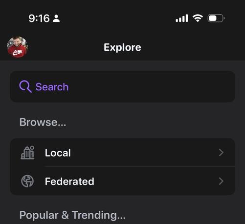 Screenshot of Ivory on iOS showing the new Explore tab: a search bar above options for Local and Federated posts