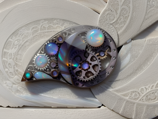 A tiny teardrop-shaped piece of elegant futuristic tech with gears and iridescent gemstones.