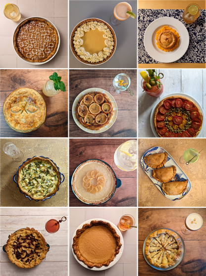 A 3 x 4 grid of square flat-lay photos of pies next to cocktails.
Left-right, top-bottom:
- A golden pie with a decorative top of white-iced squares, next to a yellow cocktail
- A biscuit-crumb-case pie with a yellow filling and piped cream top, next to an orange cocktail
- An indiviudal golden-brown pie sitting on some sweet-potato mash, next to a brown cocktail
- A puff-pastry topped pie with leaf decoration, next to a golden cocktail with mint garnish
- A tarte-tatin style pie with orange slices on top, next to a clear cocktail
- A pie with tomatoes and olives on top, next to a red cocktail with extravagant olives, celery and lemon garnish
- A quiche-like tart with broad beans, cod and potatoes poking through the custard, next to a clear cocktail
- A clear pie with seemingly-floating candied lemon garnish in a circle, sat next to a large clear cocktail full of ice
- Three pasty-shaped hand pies on an oblong plate, next to a green cocktail
- A pie filled with cranberries and apples with a decorative ring of pastry leaves around the edge, next to a red cocktail
- An orange pie next to an orange cocktail
- A parsnip-filled gallette next to a brown cocktail