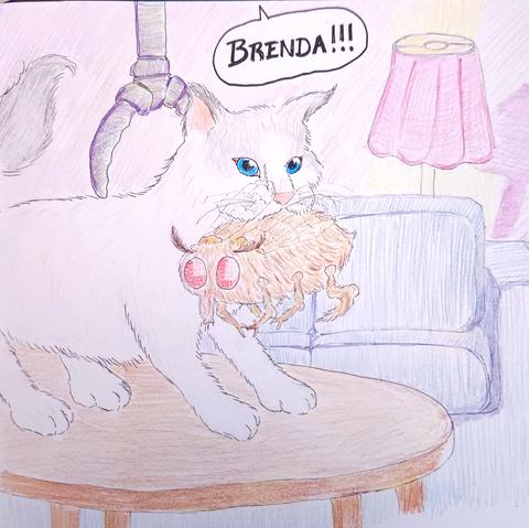 Insectoid claw about to grab a Ragdoll cat that itself is carrying a baby Insectoid in it's mouth.