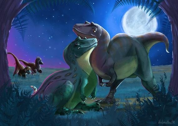 Two hunging Acrocanthosaurus in love while two deinonychus are mocking them in the back, jealous