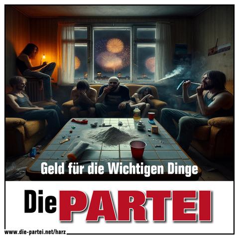 Dieser Sticker von 'Die PARTEI' zeigt das Bild einer Wohnung, die typisch für die untere Mittelschicht ist. Mehrere Personen sitzen auf Sofas um einen Fliesentisch herum, auf dem ein kleiner Haufen weißen Pulvers zu sehen ist. Die Wohnung wirkt abgenutzt und leicht heruntergekommen. Durch ein Fenster im Hintergrund ist das Silvesterfeuerwerk sichtbar. Unterhalb des Bildes steht der Text: 'Geld für die wichtigen Dinge'.