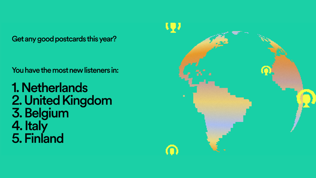 A sort of mint green graphic with a globe-shaped map in orange-to-pink tones, surrounded by little yellow podcast icons. The text reads:

Get any good postcards this year?
You have the most new listeners in:
1. Netherlands
2. United Kingdom
3. Belgium
4. Italy
5. Finland