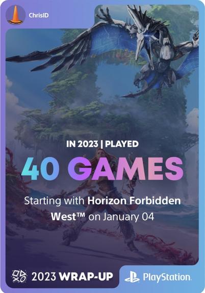 PlayStation 2023 Wrap-Up stating that I have played 40 games this year, starting with Horizon Forbidden West on January 4th