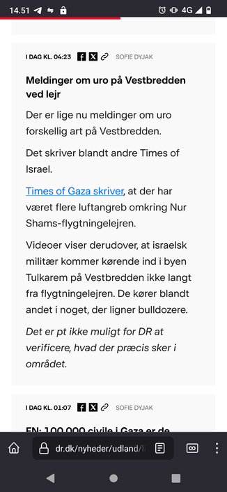 Meldinger om uro på Vestbredden ved lejr

Der er lige nu meldinger om uro forskellig art på Vestbredden. 

Det skriver blandt andre Times of Israel. 

Times of Gaza skriver, at der har været flere luftangreb omkring Nur Shams-flygtningelejren. 

Videoer viser derudover, at israelsk militær kommer kørende ind i byen Tulkarem på Vestbredden ikke langt fra flygtningelejren. De kører blandt andet i noget, der ligner bulldozere. 

Det er pt ikke muligt for DR at verificere, hvad der præcis sker i området. 
