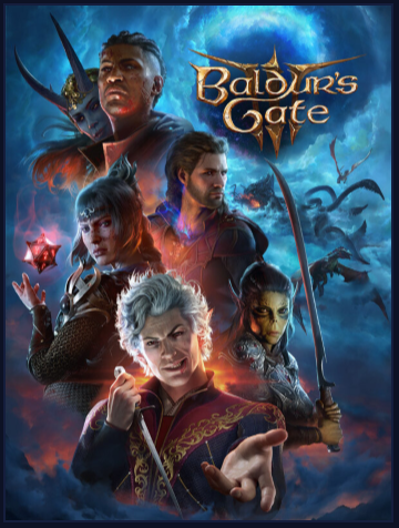 Cover von Baldurs Gate: Man sieht die Companions in Pose, im Hintergrund Wolken, Tentakel und Drachen.
