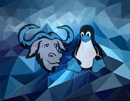 Unser Logo, zusammengesetzt aus Gnu und dem Pinguin Tux, in frischen Blautönen vor einer abstrakten Berglandschaft in passenden Farben.