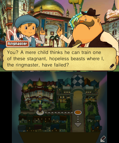 Screenshot from "Professor Layton and the Miracle Mask", showing the Ringmaster condescending Luke over his ability to connect with animals