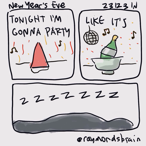 Party hat; champagne; sleeping form