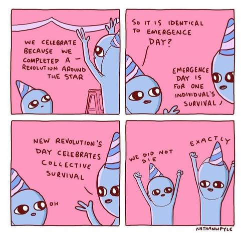 Four panel cartoon of two beings wearing party hats conversing:
A. We celebrate because we completed a revolution around the star.
B. So it is identical to emergence day?
A. Emergence day is for one individual's survival. New revolution's day celebrates collective survival.
B. Oh. (raises arms) We did not die!
A. Exactly!
(by Nathan Pyle)