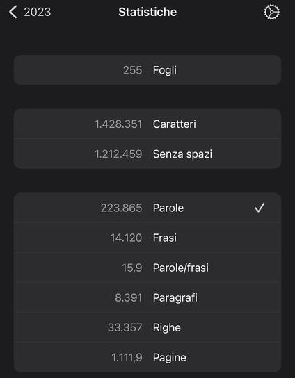 Screenshot of a document statistics page with various metrics like number of pages, words, characters, paragraphs, and lines listed in Italian.